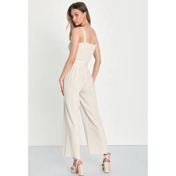 Lulus Beige Linen Blend Smocked Wide-Leg Jumpsuit Size XS Boho Euro Chic W Belt - Picture 9 of 11